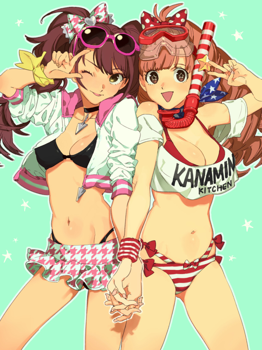 2girls bra fukusa kujikawa_rise mashita_kanami panties persona persona_4 persona_4:_dancing_all_night simple_background skimpy skirt smile smiling standing star thick_thighs twintails