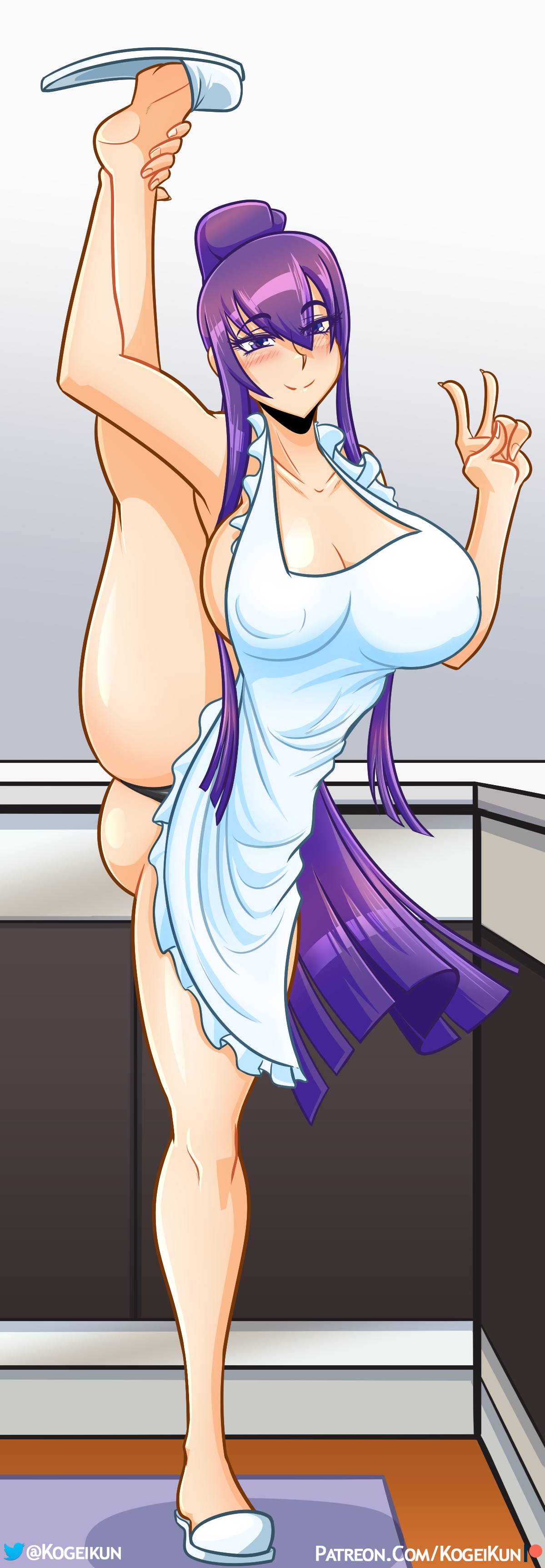 apron, ass, big ass, big breasts, breasts, female, female only, highschool of the dead, kogeikun, leg up, one leg up, peace sign, purple eyes, purple hair, saeko busujima, slippers, solo, splits, vertical splits