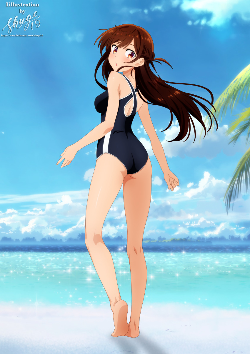 1girls, bare legs, barefoot, beach, female, kanojo okarishimasu, legs, long legs, mizuhara chizuru, one-piece swimsuit, slender legs, solo, swimsuit, thighs