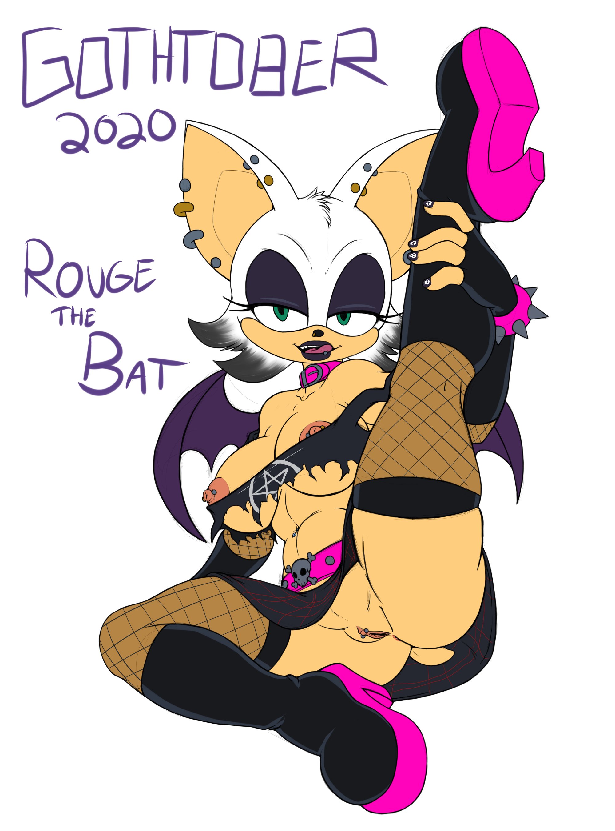 2020, anus, areolae, ass, bat ears, bat wings, big breasts, boots, bracelet, breasts, bubble ass, bubble butt, busty, character name, clitoral hood, clitoris, clitoris piercing, collar, ear piercing, earrings, erect nipples, eyeshadow, female, female focus, female only, fingerless gloves, fishnet armwear, fishnet stockings, fishnets, flexible, going commando, goth, gothified, gothtober, hourglass figure, labia, large breasts, lipstick, looking at viewer, makeup, mascara, miniskirt, nail polish, navel, navel piercing, nipple piercing, nipples, nose piercing, piercing, pinup, pinup pose, platform boots, platform heels, pose, posing, pussy, rouge the bat, sega, sitting, skimpy, skimpy clothes, skirt, skirt lift, slashysmiley, solo, sonic (series), sonic the hedgehog (series), spiked bracelet, tagme, thick thighs, tongue, tongue out, tongue piercing, upskirt, vagina, wide hips
