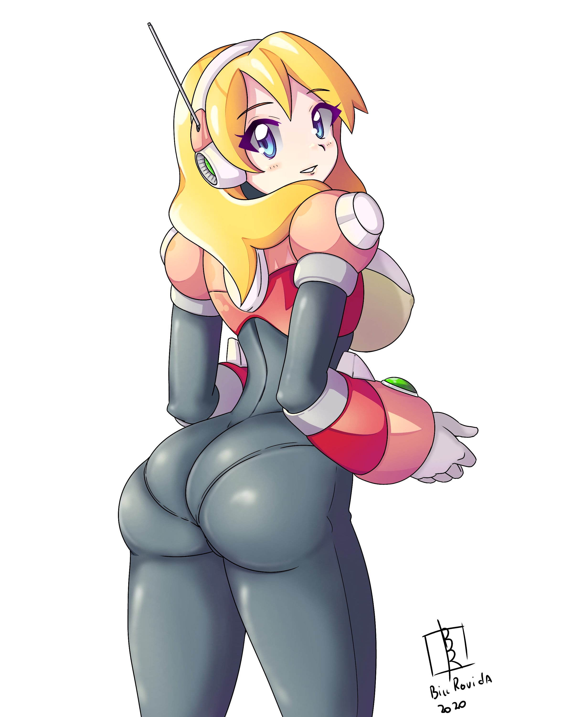 1girls, 2020, alia, android, ass, big ass, big breasts, billrovida, blonde hair, blue eyes, bodysuit, breasts, capcom, dated, eye contact, female, headphones, looking at viewer, looking back, mega man, mega man x, robot girl, sideboob, thick ass, thick thighs, thighs, white background
