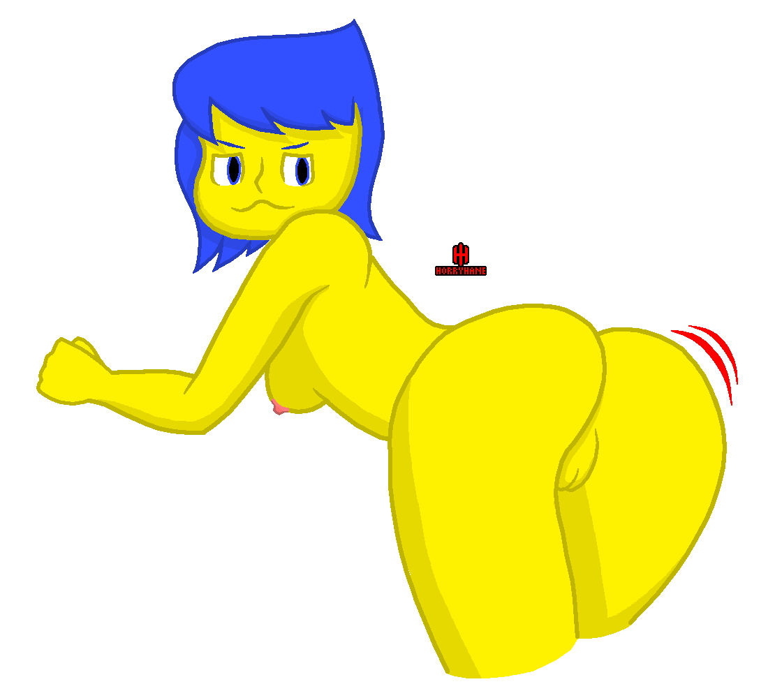 1girls :3 alternate_hairstyle artist_logo artist_name ass ass_focus blue_eyes blue_hair female green_eyes horryhane jiggle joy_(inside_out) looking_away no_bra pussy smug smug_face solo solo_female thick_thighs yellow_skin