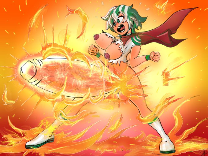 1futa balls ballsack big_breasts cartoony cigar_shaped_penis erection foreskin foreskin_folds futa futa_only futanari game_fm game_fm_chan green_eyes green_hair human hyper hyper_penis intact nipples open_mouth partially_retracted_foreskin penis power_up ripped_clothing scrotum smooth_penis solo testicles two_tone_hair uncut white_boots white_hair wristband