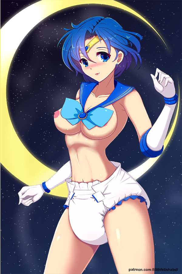 1girls, ami mizuno, big breasts, bishoujo senshi sailor moon, blue eyes, blue hair, blush, breasts, diaper, earrings, female, female only, gloves, lilith-fetish, nipples, sailor mercury, small breasts, solo, tiara, topless