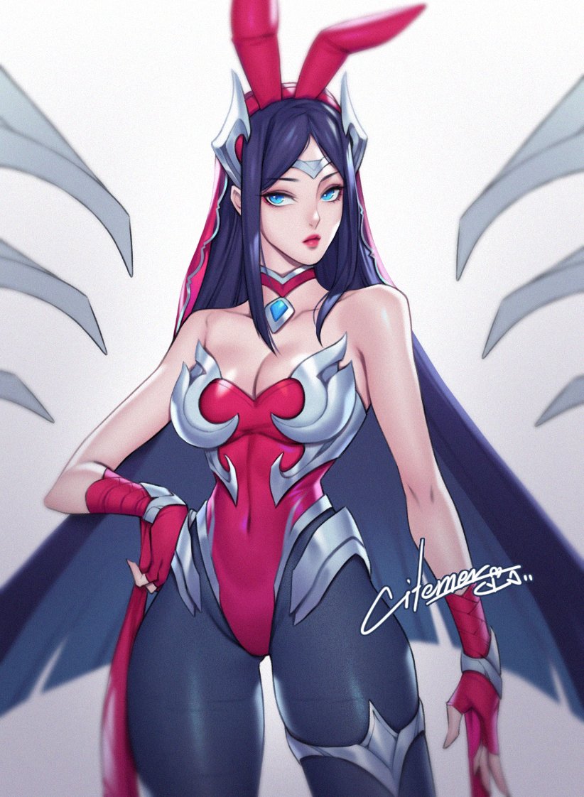 battle_bunny_irelia black_hair blue_eyes bunny_costume bunny_ears bunny_tail bunnysuit citemer corset dat_ass female front_view irelia_xan league_of_legends narrowed_eyes