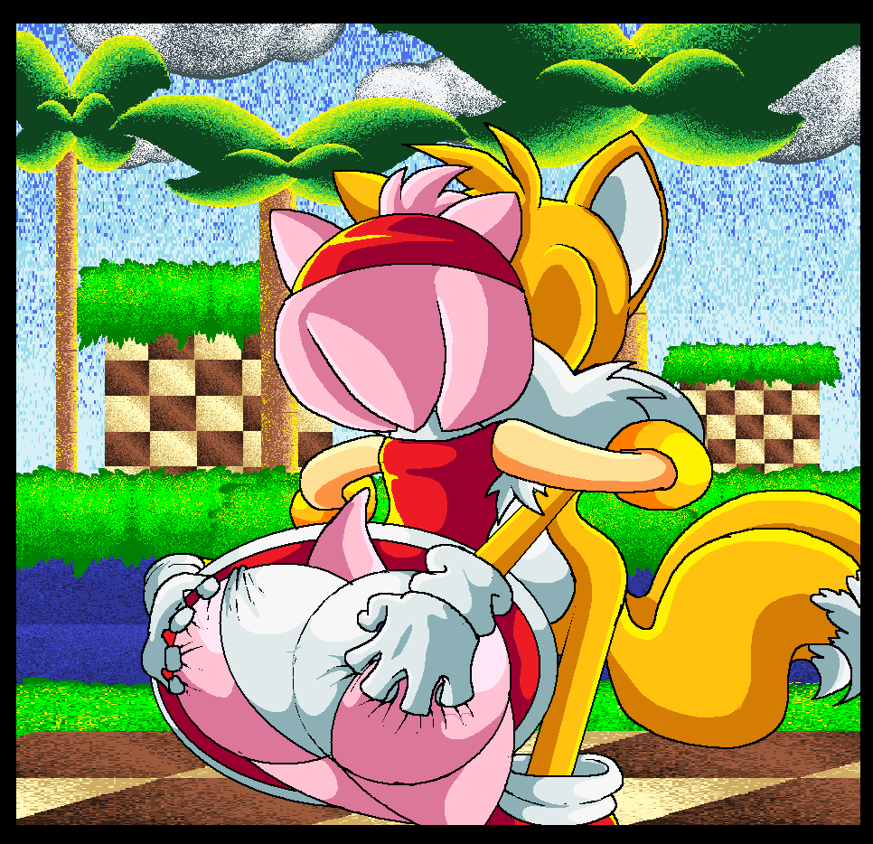 1boy 1girls amy_rose anthro ass ass_grab closed_eyes clothing footwear fox furry grabbing_ass handwear headband hedgehog kissing mostly_nude panties pink_fur sega skirt sonic_(series) sonic_the_hedgehog_(series) tails thick_thighs thighs virus-20 yellow_fur