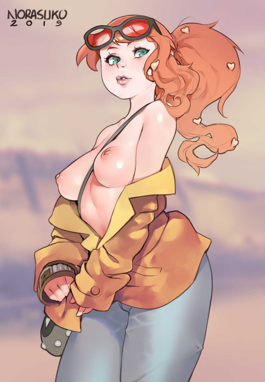 aqua eyes, areolae, between breasts, black-framed eyewear, blue pants, breasts, coat, eyewear on head, female, hair ornament, heart, heart hair ornament, highres, lips, long hair, long sleeves, looking at viewer, medium breasts, nintendo, nipples, no bra, norasuko, nose, off shoulder, orange hair, pants, parted lips, pokemon, pokemon ss, pokemon trainer, side ponytail, sleeves past wrists, solo, sonia (pokemon), strap between breasts, sunglasses, yellow coat