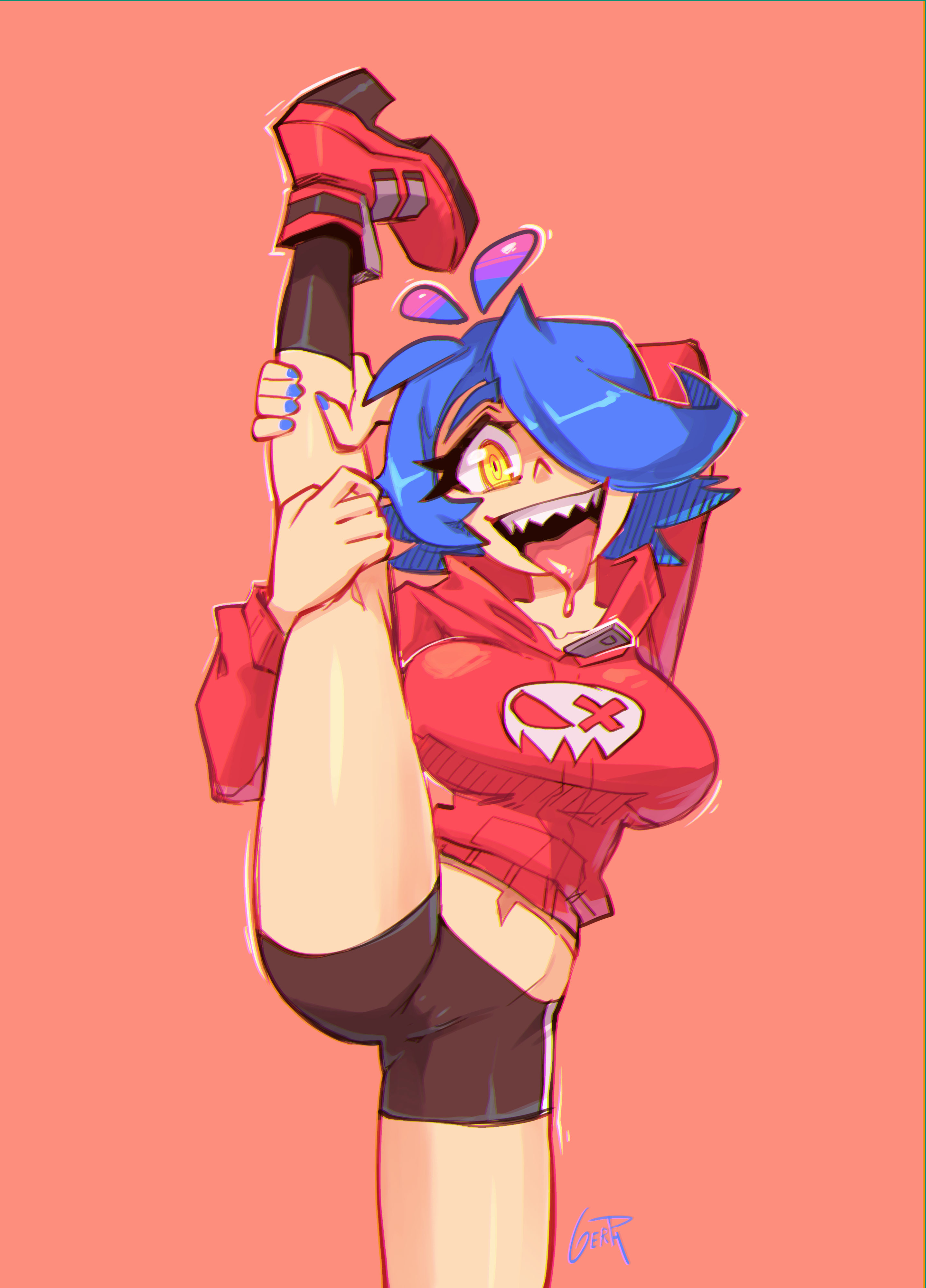 1girls, blue hair, breasts, female, female only, gerph, gym shorts, hoodie, large breasts, nail polish, pussy, pussy visible through clothes, shoes, skarp world, skarpne (skarp world), smile, socks, solo, splits, tight clothing, tongue, tongue out, vertical splits