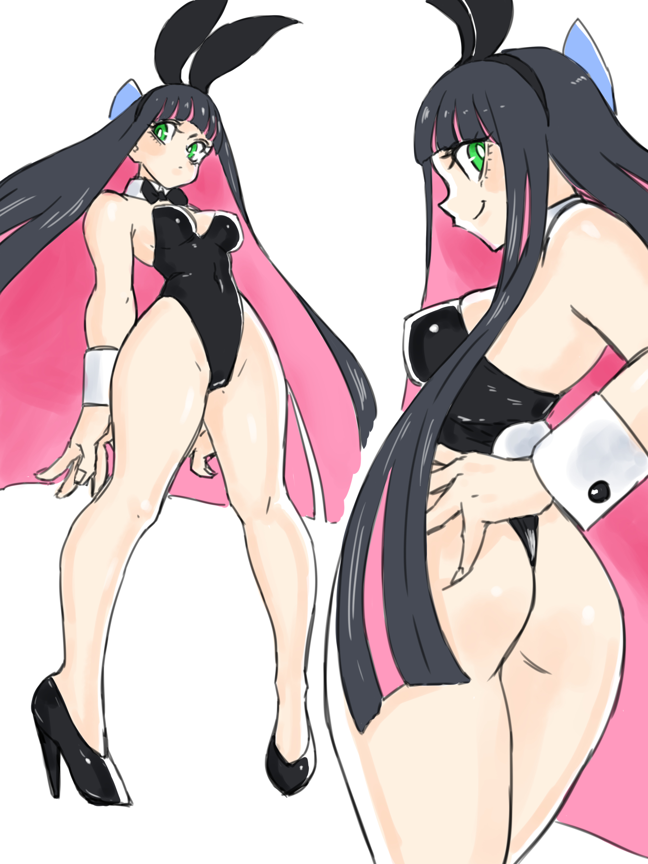 1girls, ass, black hair, bunny ears, bunny tail, bunnysuit, detached collar, female, female only, green eyes, hair ribbon, heels, high heels, long hair, neck ribbon, panty & stocking with garterbelt, pink hair, playboy bunny, slim female, smiling, solo, solo female, stocking anarchy, toshinoshin00, two-tone hair, very high resolution, white background, wrist cuffs