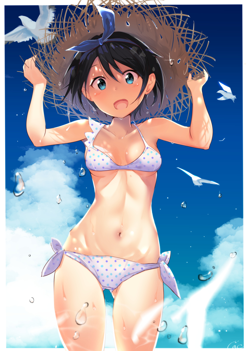 1girls, beach, bikini, female, hat, kanojo okarishimasu, sarashina ruka, smile, solo, straw hat, swimsuit, water