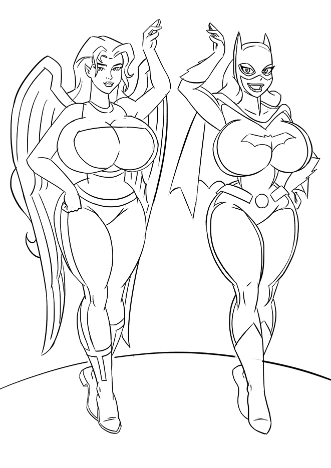 2girls art-2u barbara_gordon batgirl batman:_the_animated_series batman_(series) dc dc_comics dcau female female_only fully_clothed hawkgirl huge_breasts justice_league justice_league_unlimited monochrome shayera_hol