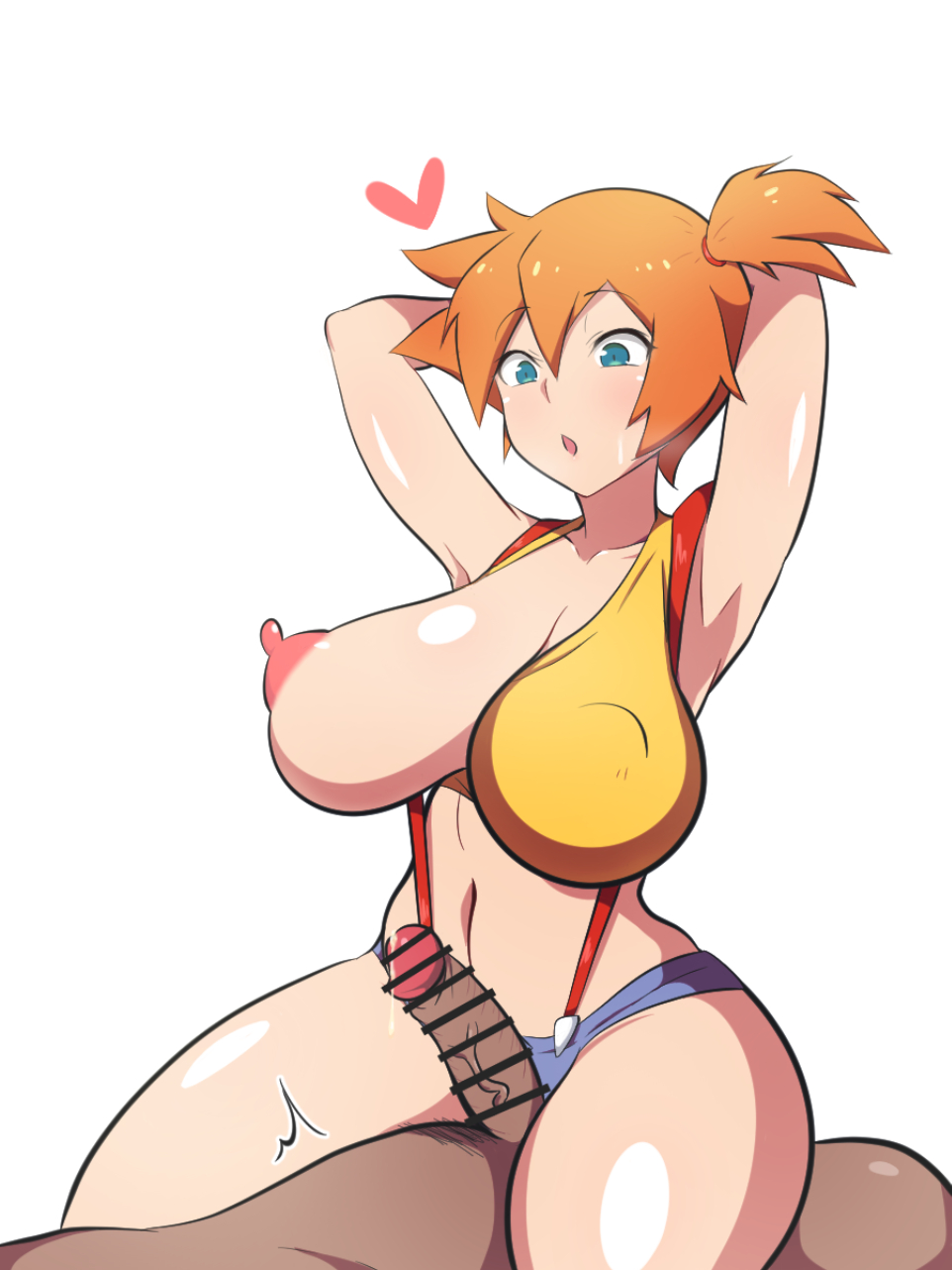 1boy, 1girls, alternate breast size, areolae, armpits, big breasts, blue eyes, breasts, censor bar, censored, dark-skinned male, dd (artist), female, female on top, female penetrated, kasumi (pokemon), large breasts, male, minishorts, nintendo, nipples, one breast out, orange hair, penis, pokemon, pokemon rgby, short hair, shorts, thick thighs, thighs, unzipped shorts, veiny penis, white background