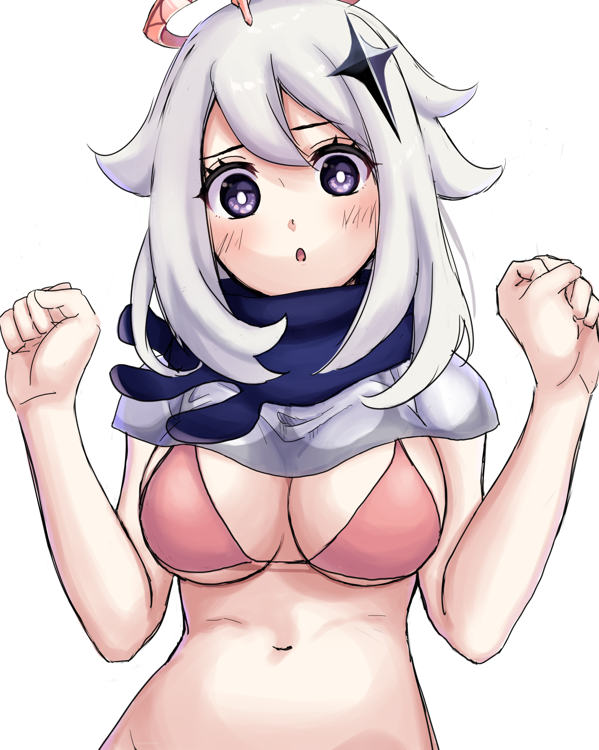 1girls, aged up, alternate breast size, big breasts, blush, bra, breasts, eye contact, female, genshin impact, long hair, looking at viewer, paimon (genshin impact), purple eyes, white background, white hair, ya8ru