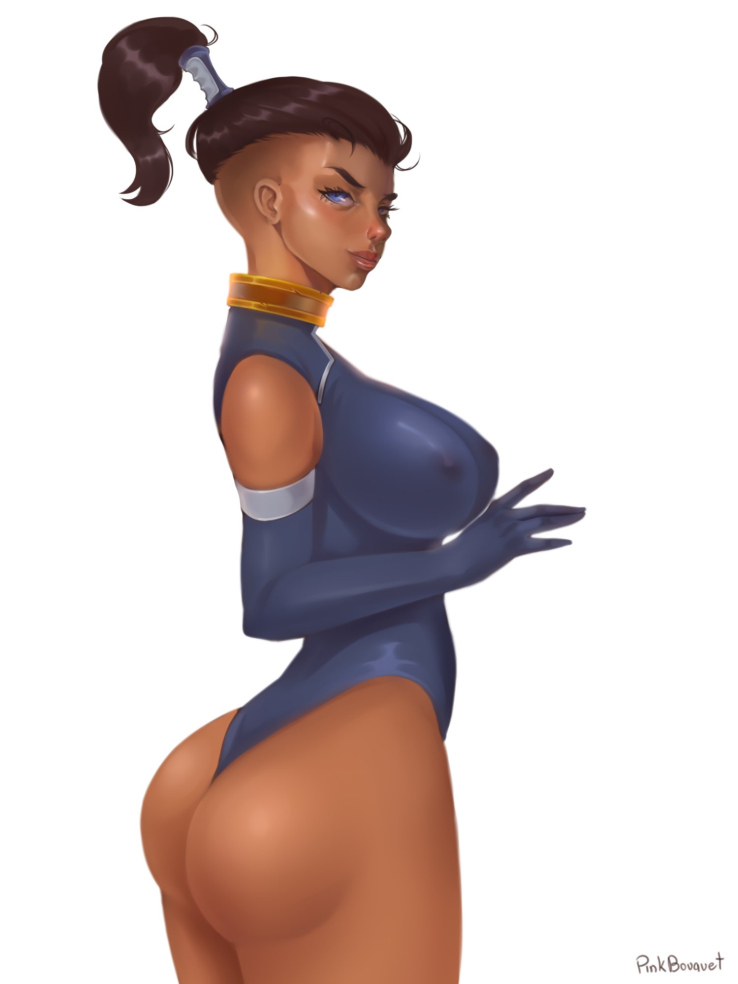1girls, ass, avatar legends, blue eyes, breasts, bubble ass, bubble butt, clothing, dark skin, dark-skinned female, erect nipples, erect nipples under clothes, female, korra, large breasts, leotard, nipples, pinkbouquet, pinup, simple background, smooth skin, solo, solo focus, the avatar, the legend of korra, water tribe