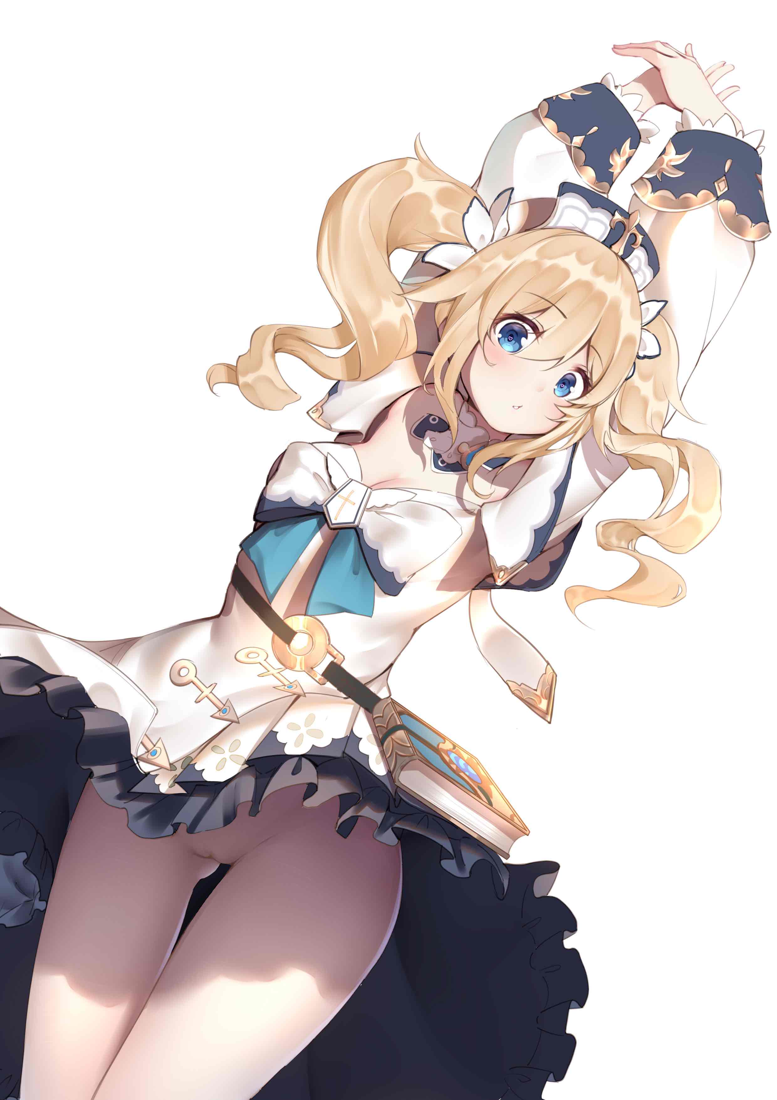 1girls, accidental exposure, ass visible through thighs, barbara (genshin impact), blonde hair, blue eyes, blush, breasts, cameltoe, dress, dress lift, dutch angle, embarrassed, female, female only, genshin impact, heart-shaped pupils, light skin, light-skinned female, looking at viewer, medium hair, no panties, nun, pantyhose, presenting, presenting pussy, pussy, small breasts, solo, solo female, surprised, takeuchi-kun, thighs, twintails, uniform, white background, white legwear, white pantyhose, 不正经的竹内君