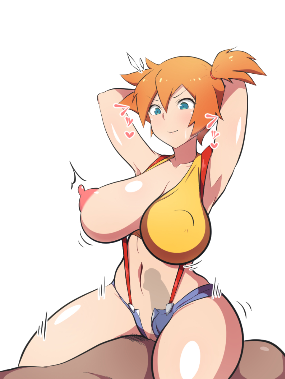 1boy, 1girls, alternate breast size, areolae, armpits, arms behind head, big breasts, blue eyes, breasts, cowgirl position, dark-skinned male, dd (artist), erect nipples, female, female on top, female penetrated, kasumi (pokemon), large breasts, male, minishorts, nintendo, nipple bulge, nipples, no bra, no panties, one breast out, orange hair, pokemon, pokemon rgby, pussy, short hair, shorts, thick thighs, thighs, unzipped shorts, vaginal penetration, white background, x-ray