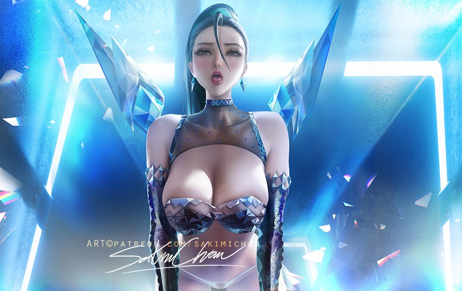 1girls, alternate costume, big breasts, breasts, cleavage, female, female only, k/da all out kai'sa, k/da all out series, k/da series, kai'sa, large breasts, league of legends, looking at viewer, open mouth, sakimichan, solo