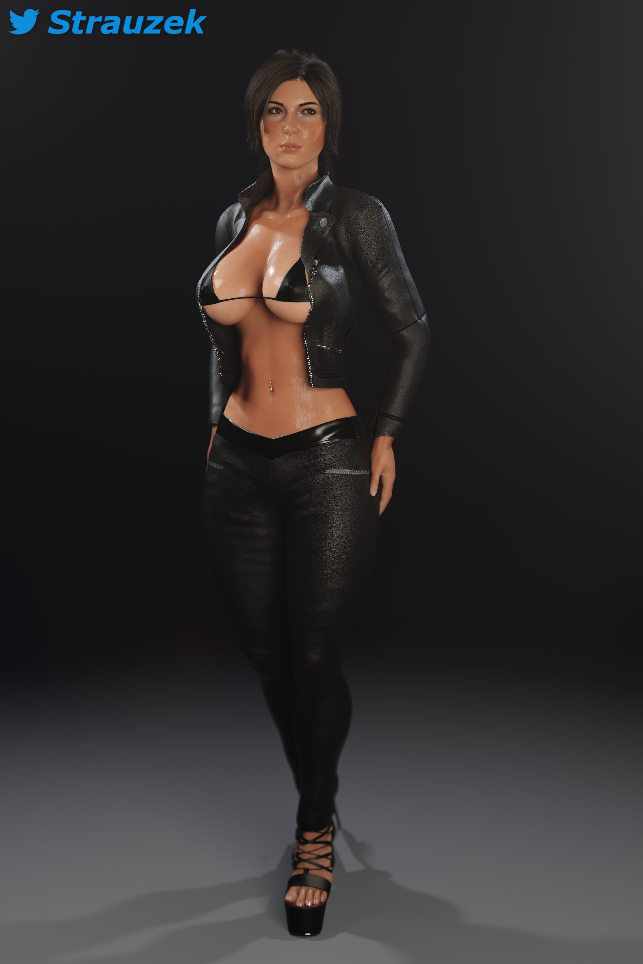 3d, bare midriff, barely contained breasts, big breasts, bikini top, blender, breasts, brown eyes, brown hair, busty, cleavage, clothed, clothing, embracer group, erect nipples, female, full body, high heels, hourglass figure, imminent wardrobe malfunction, jacket, lara croft, lara croft (survivor), large breasts, leather jacket, leather pants, long hair, micro bikini, micro bikini top, navel, navel piercing, nipple bulge, nipples, nose piercing, overflowing breasts, piercing, pinup, pinup pose, platform heels, ponytail, pose, posing, shiny skin, standing, strauzek, sweat, sweating, sweaty, tagme, tied hair, tight fit, tomb raider, tomb raider (survivor), underboob, wet, wet skin, wide hips