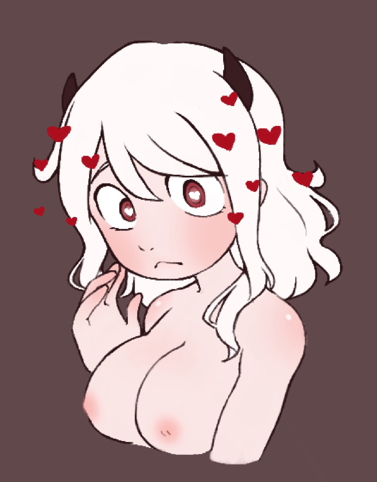 1girls, big breasts, breasts, curly hair, demon, demon girl, female, hard nipples, heart, heart eyes, helltaker, horns, light skin, light-skinned female, modeus (helltaker), pale skin, pale-skinned female, pink nipples, shoulders, straight hair, white hair, wide eyed
