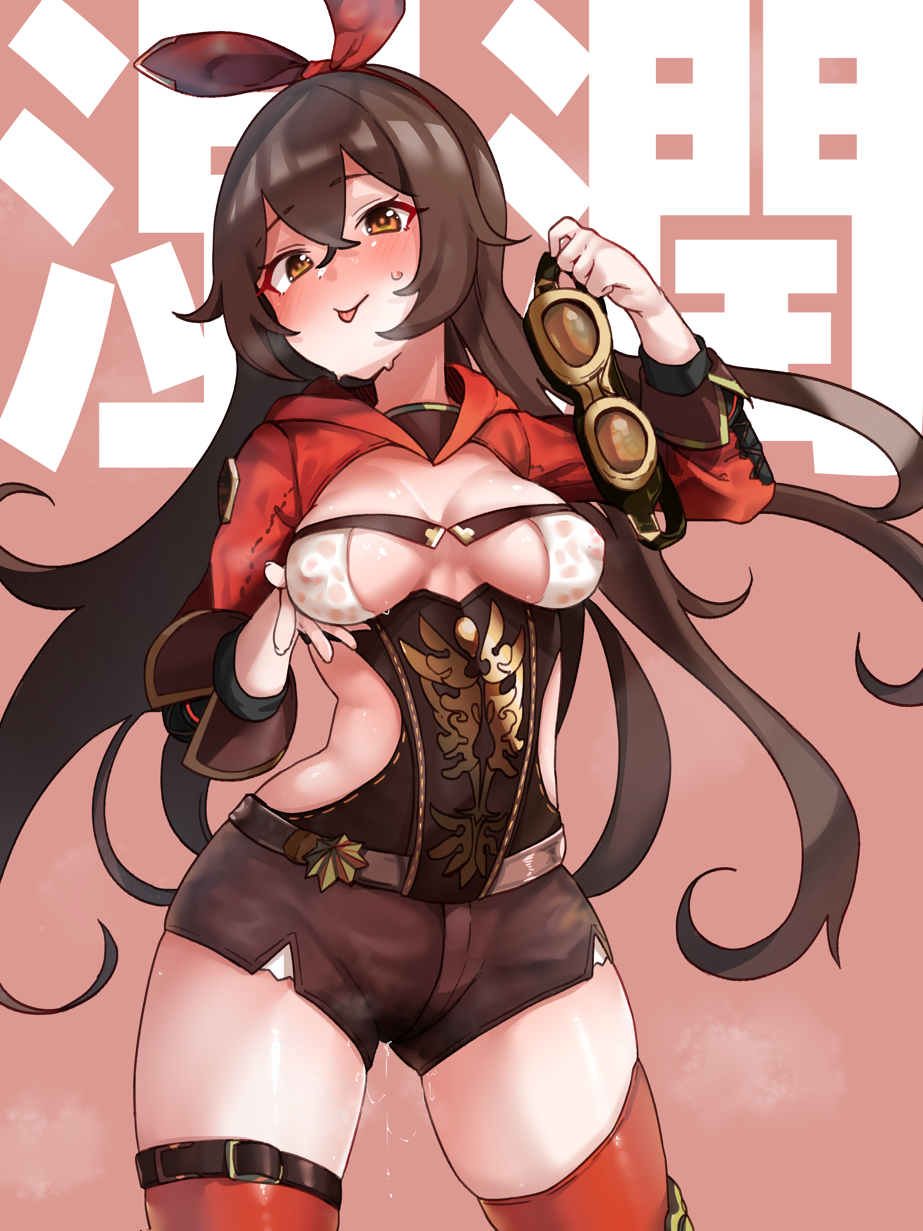 1girls, amber (genshin impact), blush, breasts, brown hair, eye contact, female, genshin impact, grabbing own breast, hair ribbon, high heel boots, long hair, looking at viewer, minishorts, mn0640, nipple bulge, orange eyes, pink background, shorts, sweat, thick thighs, thighs