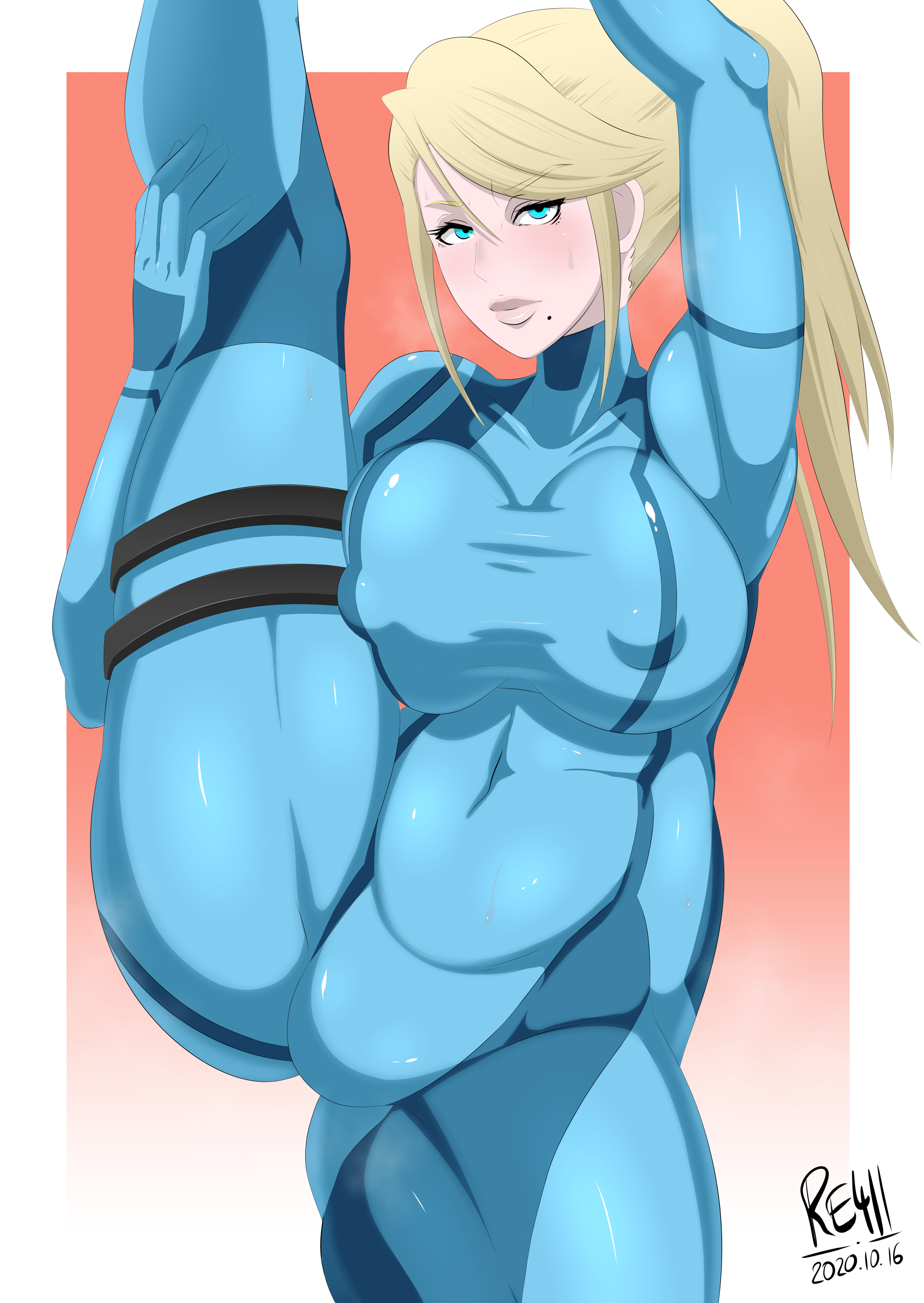 belly, big breasts, big nipples, blonde hair, breasts, female, holding leg, holding leg up, leg grab, legs up, looking at viewer, metroid, nintendo, re411, samus aran, splits, suit, vertical splits, zero suit, zero suit samus