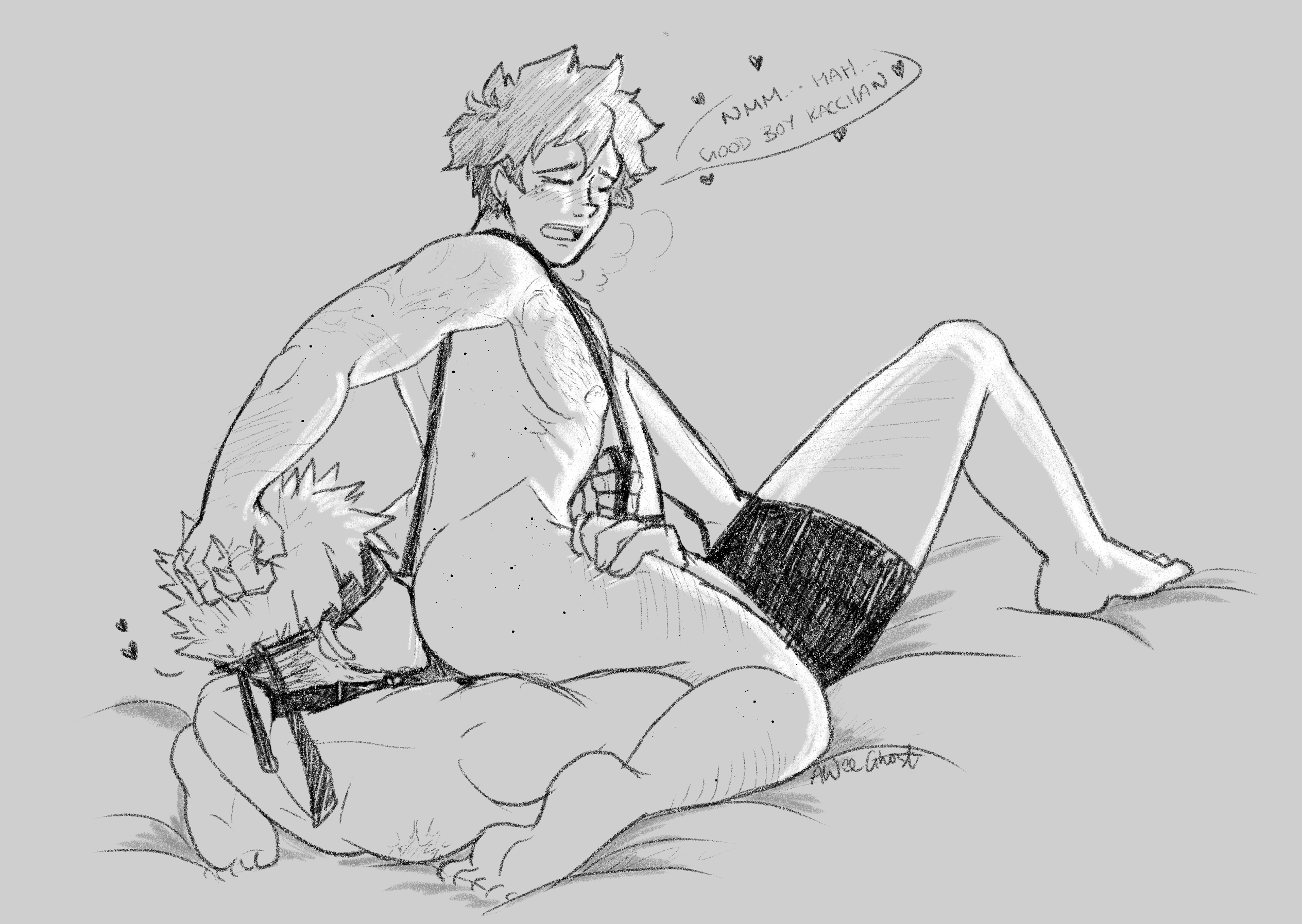 2boys, anilingus, ass eating, aweeghost, blindfold, clothed, collar, facesitting, gay, hair pull, hair pulling, izuku midoriya, katsuki bakugou, leash, male, male only, mostly nude, my hero academia, oral, scar, short hair, sketch, yaoi