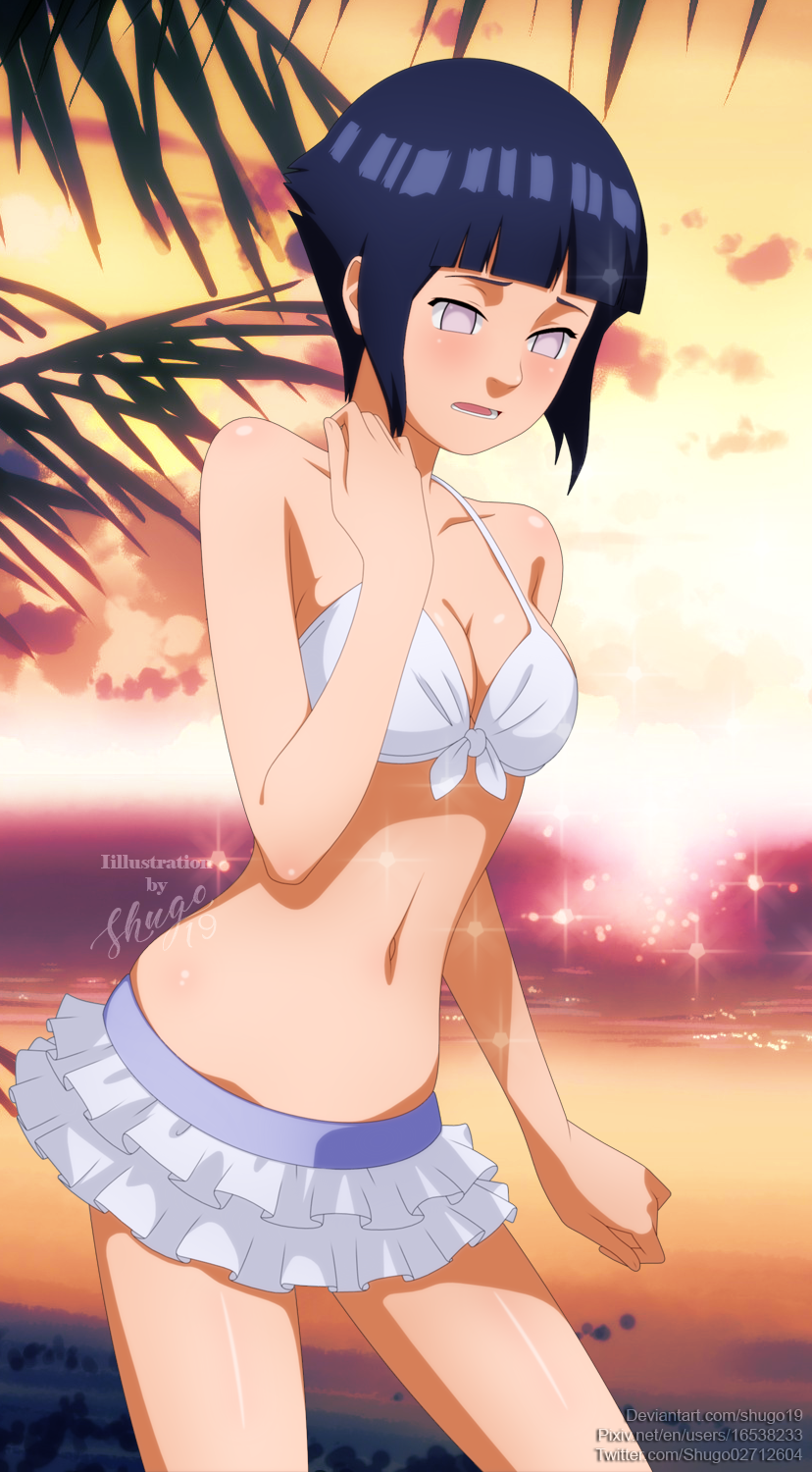 1girls bare_shoulders bikini blush breasts cleavage female female_only hyuuga_hinata hyuuga_hinata(genin) miniskirt naruto naruto_(classic) ocean purple_hair short_hair shugo19 skirt solo sunset swimsuit violet_eyes water younger_female