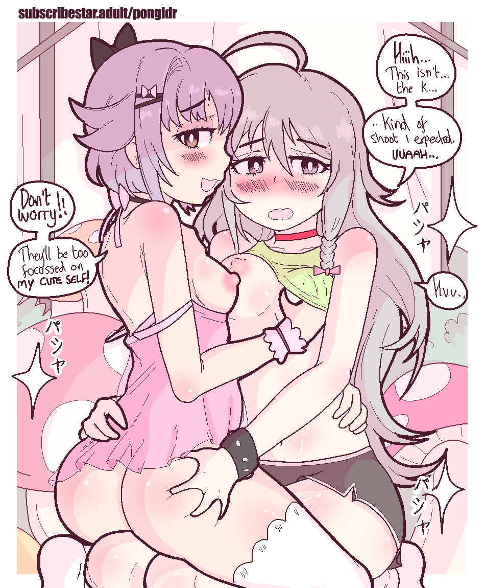 2girls ahoge ass ass_grab blush bow breasts brown_eyes camisole choker collar english_text grey_eyes grey_hair groping hair_ornament hoshi_shouko idolmaster idolmaster_cinderella_girls koshimizu_sachiko long_hair multiple_girls nipples pongldr purple_hair see-through self_upload shirt_lift short_hair short_shorts shorts small_breasts smile socks speech_bubble thighhighs yuri