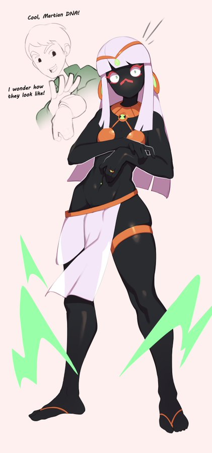 1boy, alien, androgynous, ben 10, ben tennyson, black skin, bra, cartoon network, combos-n-doodles, dark male only, dark skin, duck dodgers, female, femboy, feminine male, girly, green eyes, headgear, human, humanoid, jewelry, long hair, looney tunes, male, male only, martian, monster boy, mouthless, navel piercing, no mouth, piercing, queen tyr'ahnee, short hair, simple background, solo, solo male, text, thick legs, thick thighs, transformation, trap, wedding ring, white hair