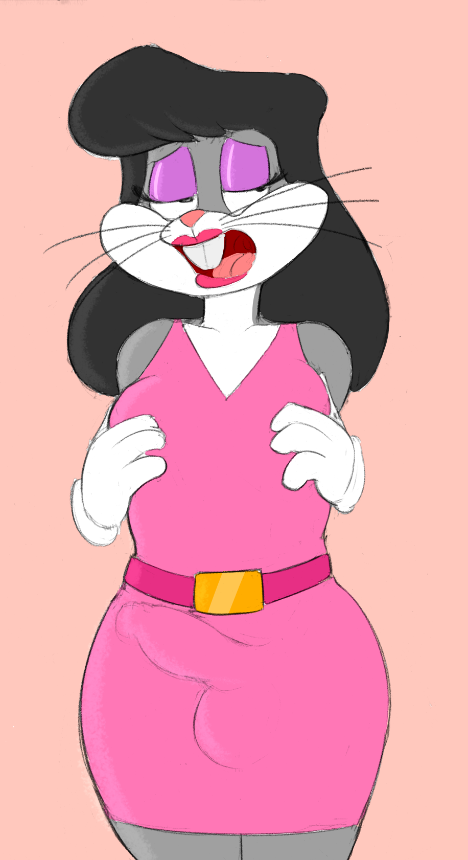 2020, ahe gao, anthro, balls, balls bulge, balls outline, buckteeth, bugs bunny, bulge, canon crossdressing, clothed, clothing, crossdressing, dress, dress bulge, eyeshadow, fembugs bunny, fur, futanari, genital outline, gloves, grey body, grey fur, half-closed eyes, handwear, hi res, intersex, lagomorph, leporid, lipstick, looney tunes, makeup, male, mammal, multicolored body, multicolored fur, narrowed eyes, open mouth, penis, penis bulge, penis outline, penis under dress, pink background, pink dress, rabbit, solo, teeth, the looney tunes show, tongue, trans, trans woman, two-tone body, two-tone fur, viola (bugs bunny), viola (the looney tunes show), warner brothers, white body, white fur, zambs