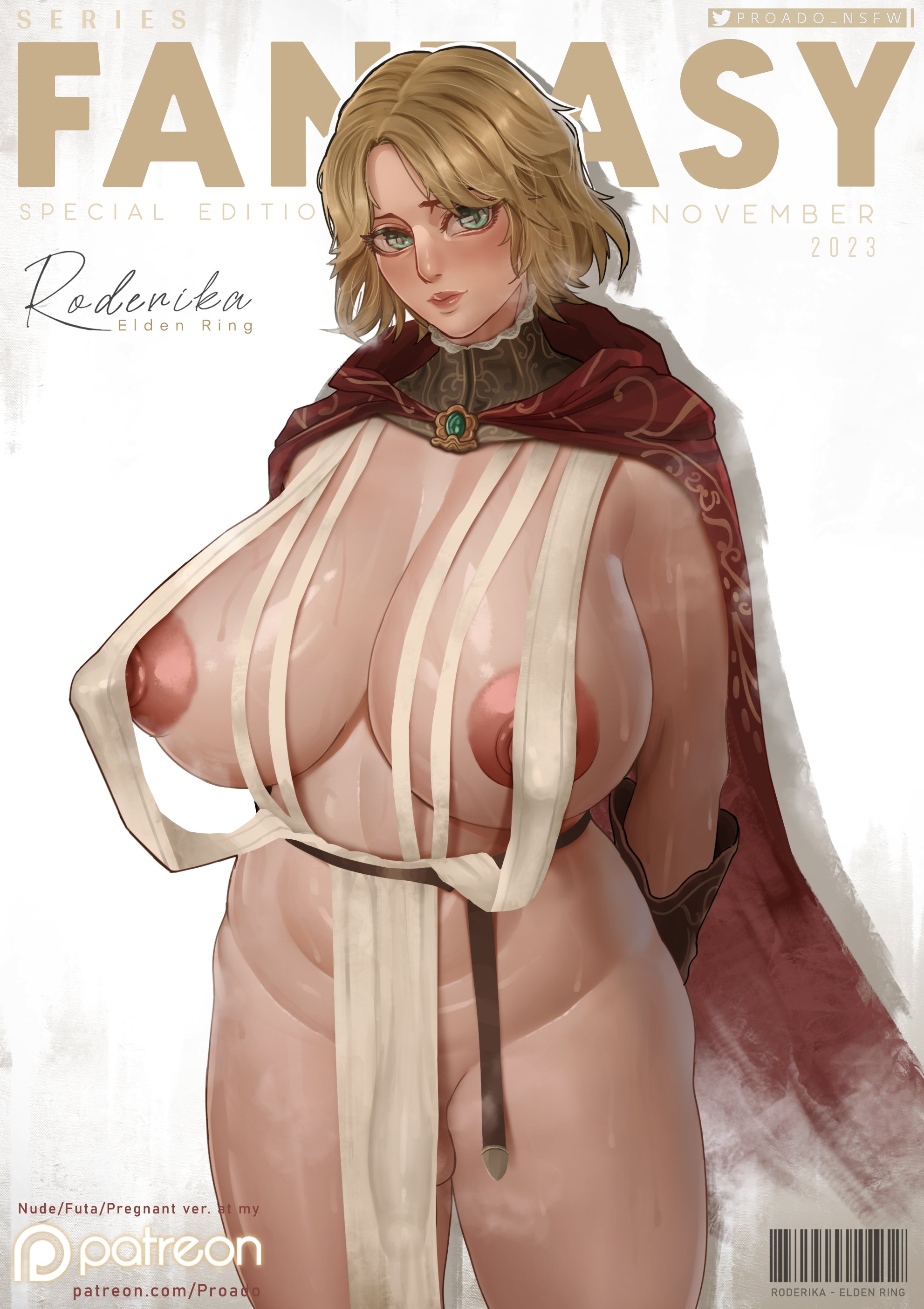 1futa, 1girls, alternate ass size, alternate breast size, areola slip, areolae, ass, balls, big ass, big breasts, blonde hair, bottomless, breasts, bulge, bulge through clothing, cape, clothed, clothing, elden ring, female, flaccid, fromsoftware, futa only, futanari, hidden penis, huge breasts, human, intersex, light skin, light-skinned futa, magazine cover, mostly nude, nipples, penis, proado, roderika (elden ring), solo, solo futa, standing, sweat, thick thighs