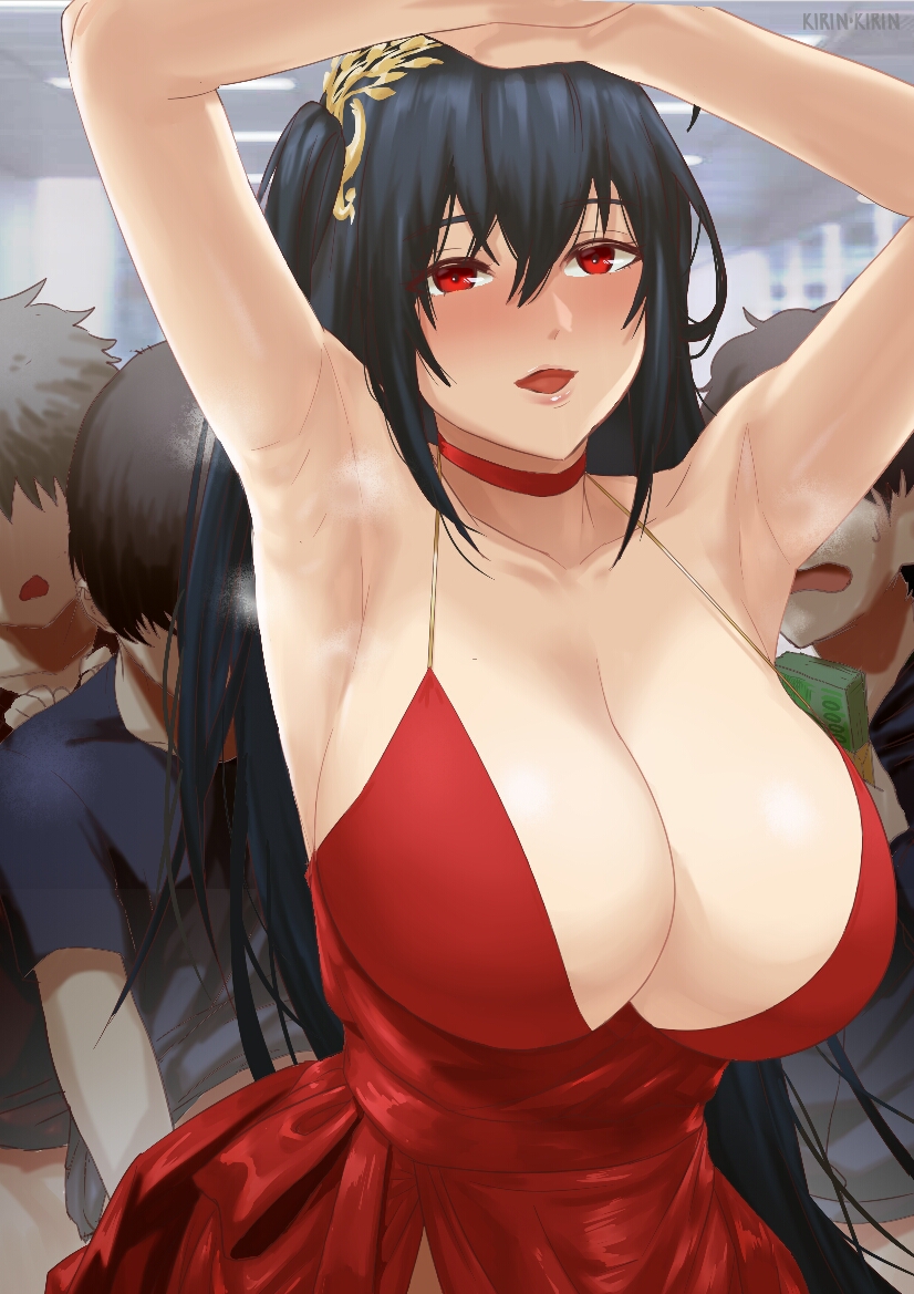 armpits arms_up azur_lane bangs bare_shoulders black_hair breasts choker cleavage clothed_sex cocktail_dress crowd dress evening_gown faceless faceless_male female hair_between_eyes hair_ornament huge_breasts implied_sex indoors kirinkirin long_hair one_side_up open_mouth out-of-frame_censoring prostitution red_choker red_dress red_eyes short_sleeves sweatdrop taihou_(azur_lane) taihou_(forbidden_feast)_(azur_lane) very_long_hair