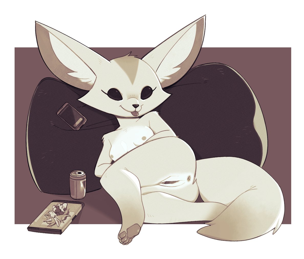 2020 aggressive_retsuko anthro anus ass beverage biped black_eyes blep breasts can canid canine cellphone empty_eyes female fennec fenneko fluffy fluffy_tail fox full-length_portrait fur furry furry_only genitals inner_ear_fluff junyois looking_at_viewer lying mammal monochrome naked nipples nude pawpads phone pillow portrait pussy sanrio sepia smooth_skin solo tail tongue tongue_out tuft