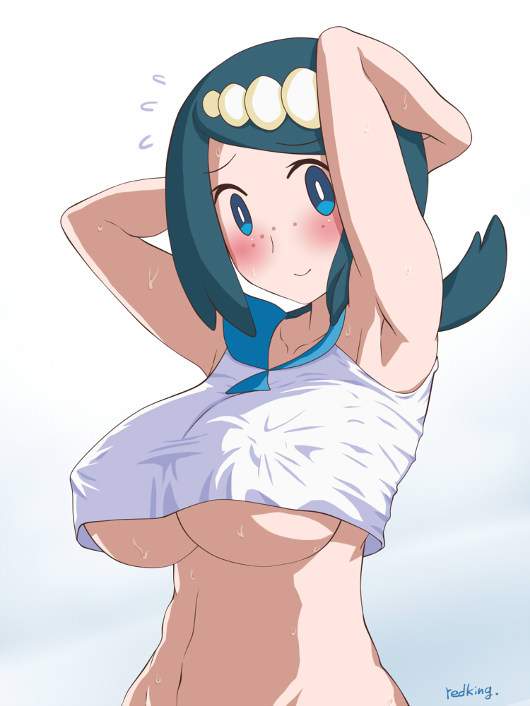 1girls 2021 akadama armpits arms_up big_breasts blue_eyes blue_hair blush breasts lana's_mother_(pokemon) lana_(pokemon)_(cosplay) looking_at_viewer milf mob_face nervous nintendo pokemon pokemon_sm sexy_armpits shirt solo suiren_(pokemon)_(cosplay) sweat sweatdrop white_background