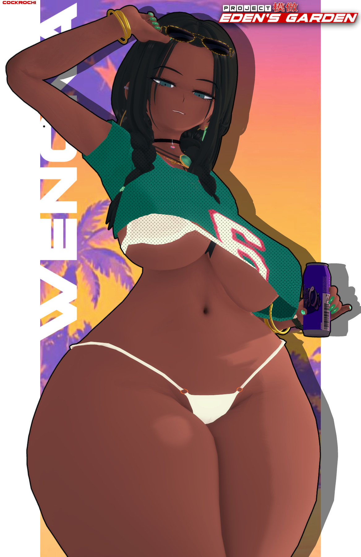 1girls, arm above head, arm up, bare belly, bare hands, bare hips, bare legs, bare midriff, bare navel, bare skin, bare thighs, belly, belly button, bikini, bikini bottom, bracelet, bracelets, breasts, closed mouth smile, clothes, cockrochi, cropped shirt, cropped topwear, curvaceous, curvaceous body, curvaceous female, curvaceous figure, curvaceous hips, curvy, curvy body, curvy female, curvy figure, curvy hips, danganronpa, dark skin, dark-skinned female, earrings, elbows, exposed belly, exposed hips, exposed legs, exposed midriff, exposed navel, exposed skin, exposed thighs, eyebrows visible through hair, fanart, fanganronpa, female, female focus, female only, fingernails, fingers, from below view, green clothes, green shirt, green topwear, groin, gta vi cover girl, hair between eyes, hand above head, hand up, hip dips, hourglass figure, long hair, looking at viewer, looking down, looking down at viewer, low angle view, low-angle shot, midriff, narrow waist, native american, native american female, navel, outdoors, outside, portrait, posing, posing for the viewer, project: eden's garden, self upload, shirt, shoulders, side-tie bikini, sky background, smile, smiling, smiling at viewer, solo, standing, stomach, string bikini, sunglasses, sunglasses on forehead, sunglasses on head, swimsuit, swimwear, thick thighs, thigh gap, thighs, three-quarter view, top view, topwear, underboob, upper body, view from below, viewed from below, wenona, white bikini, white bikini bottom, white swimsuit, white swimwear, wide hips