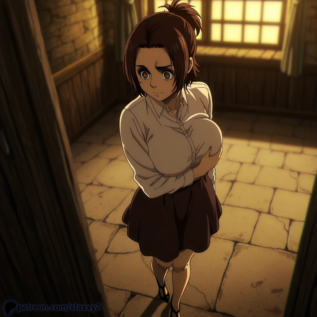 1girl ai ai_generated attack_on_titan beret boots fondling fondling_breast fondling_breasts fondling_own_breast fondling_own_breasts fondling_self gabi_braun grin hair_between_eyes hair_ornament hazel_eyes jacket looking_at_viewer marley_military_uniform military_uniform pants shingeki_no_kyojin shirt short_hair shy smile solo staxxy staxxy2 young