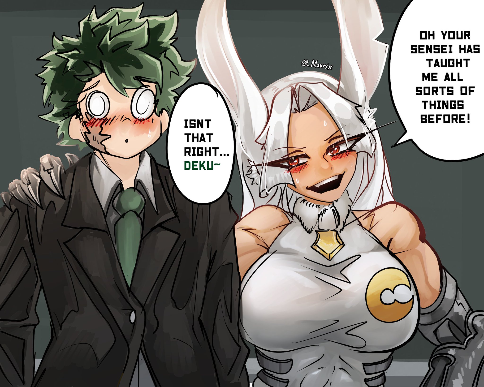 1boy, 1boy1girl, 1girls, assistant, blushing, breasts, bunny ears, bunny girl, business suit, deku, embarrassed, english text, green hair, green tie, hand on shoulder, implied after sex, innuendo, izuku midoriya, mavrix, miruko, my hero academia, my hero academia (finale), post-timeskip, robotic arms, rumi usagiyama, scar, scar on face, sensei, teacher, white hair