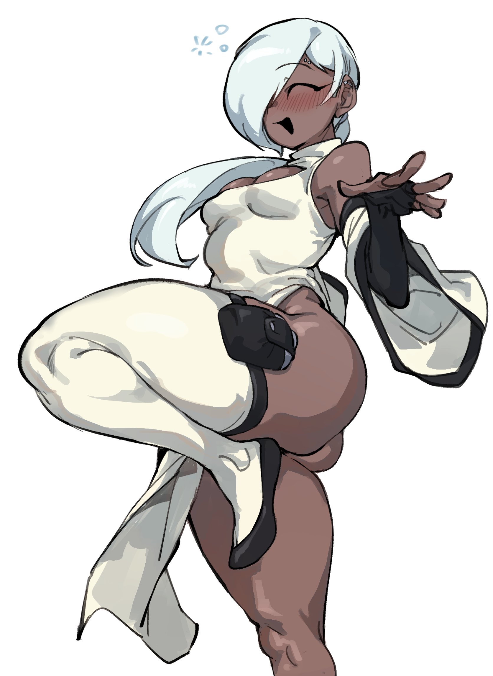 1girls, ass, black shoes, blush, borrowed character, breasts, bridal gauntlets, cleavage cutout, closed eyes, clothing cutout, commentary, dark skin, dark-skinned female, detached sleeves, doppel, doppel (bonnypir), ear piercing, eyebrow piercing, face piercing, hair over one eye, highres, holster, long hair, medium breasts, open mouth, original, piercing, shoes, simple background, single thighhigh, sleeveless, smile, solo, standing, standing on one leg, thigh holster, thighhighs, white background, white thighhighs, wide sleeves, xiao yan (littlej/zi19191)