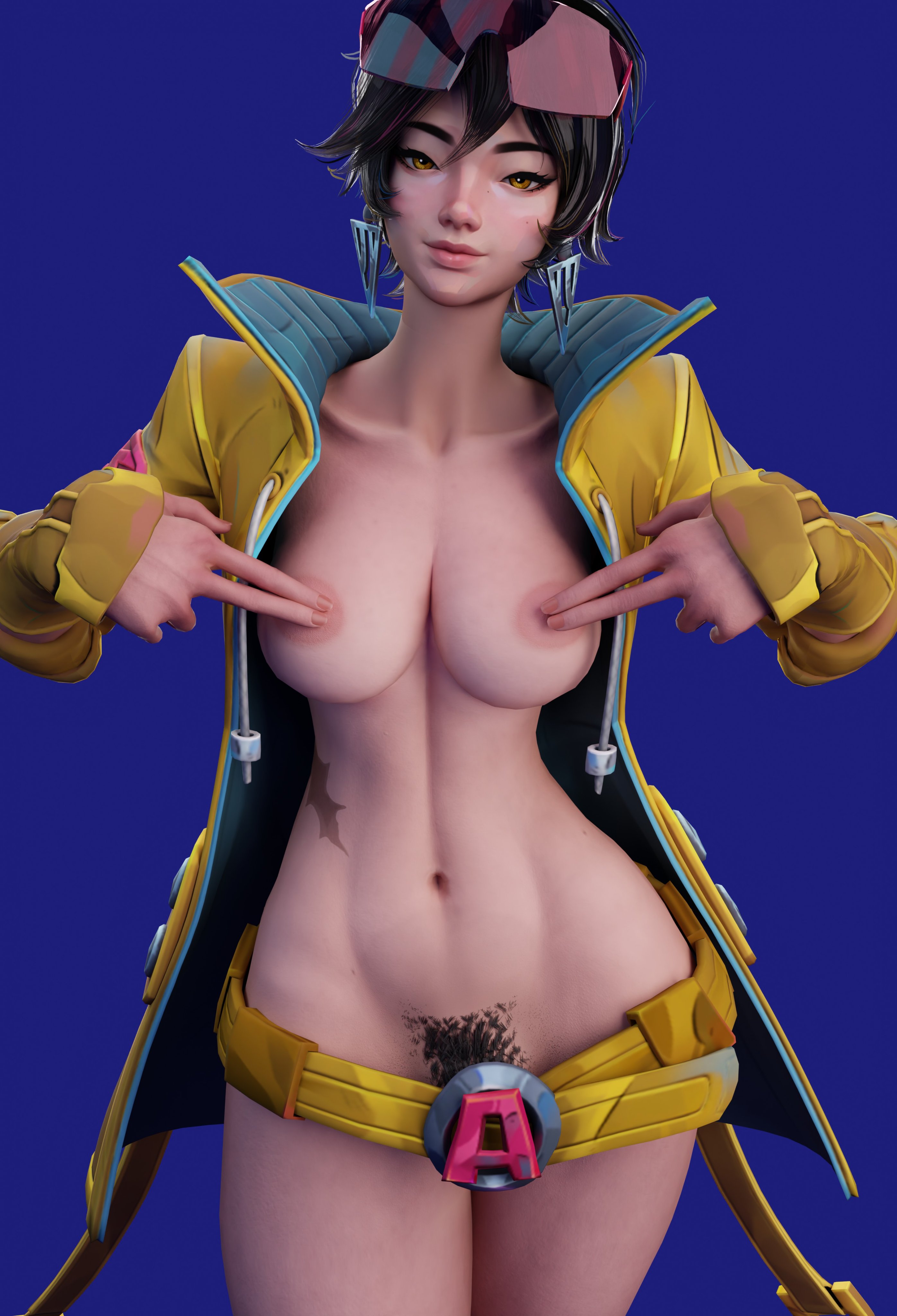 1girls, 3d, blendowan, blue background, breasts, covering nipples, female, hairy pussy, jubilation lee, jubilee, jubilee (marvel rivals), marvel, marvel rivals, nipples, pubic hair, solo, solo female, themadcommander, x-men