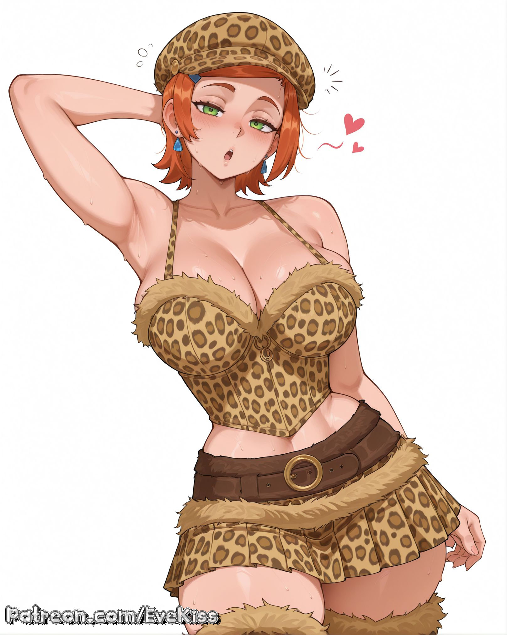 1girl, 1girls, ai generated, ben 10, breasts, cartoon network, cleavage, clothed, clothed female, curvy, curvy figure, evekiss, female, female focus, female only, focus, fully clothed, ginger, ginger hair, green eyes, gwen tennyson, gwen tennyson (classic), hairclip, large breasts, leopard print, nipples, nipples covered, nipples visible through clothing, orange hair, pussy, red hair, sfw, short hair, solo, solo female, solo focus, teeth, thick thighs, thighs, tight clothes, tight clothing, uncensored, wide hips