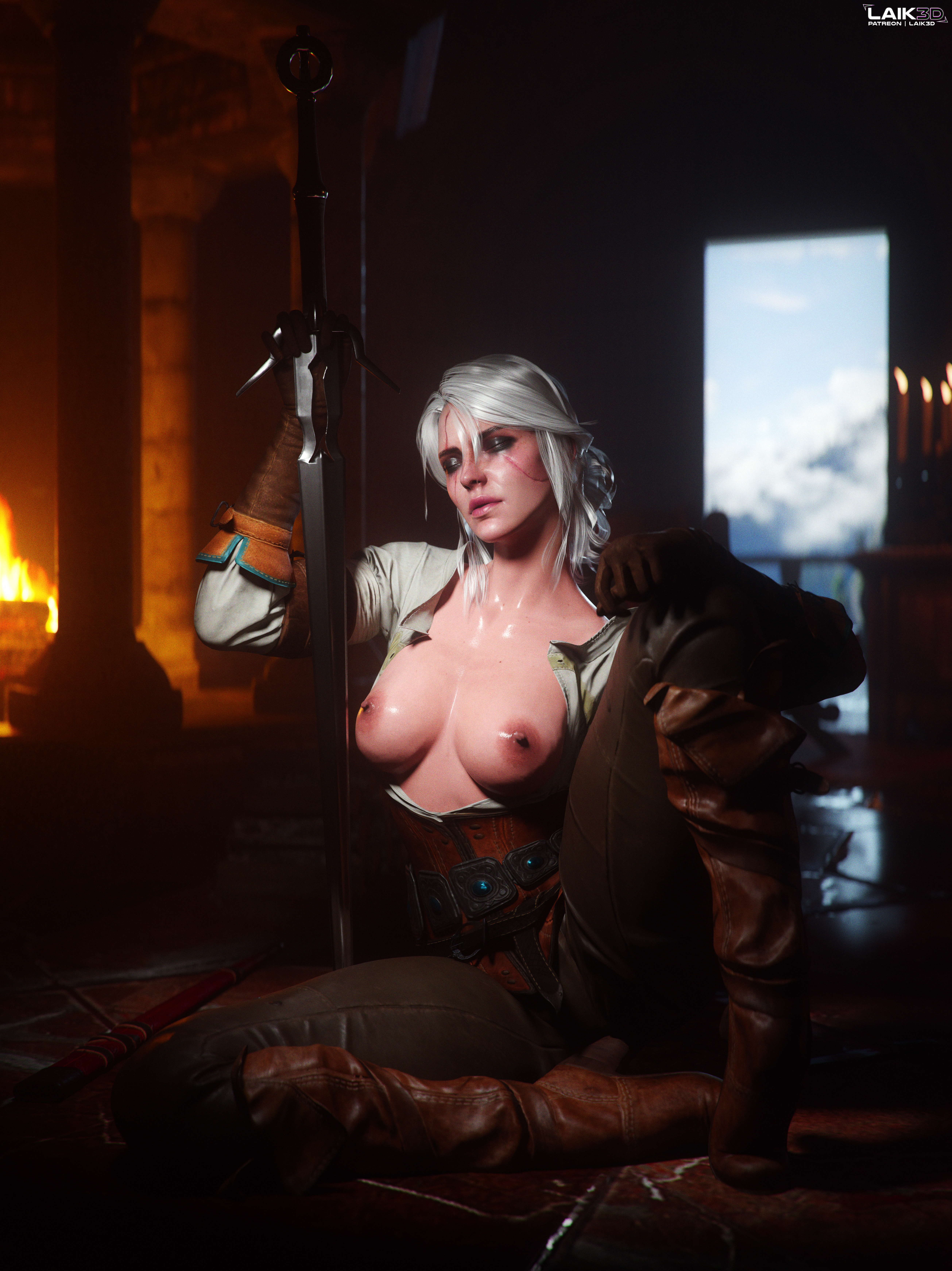 3d, brown gloves, cd projekt red, ciri, clothed, exposed breasts, gloves, laik3d, leather gloves, open shirt, the witcher (series), the witcher 3: wild hunt