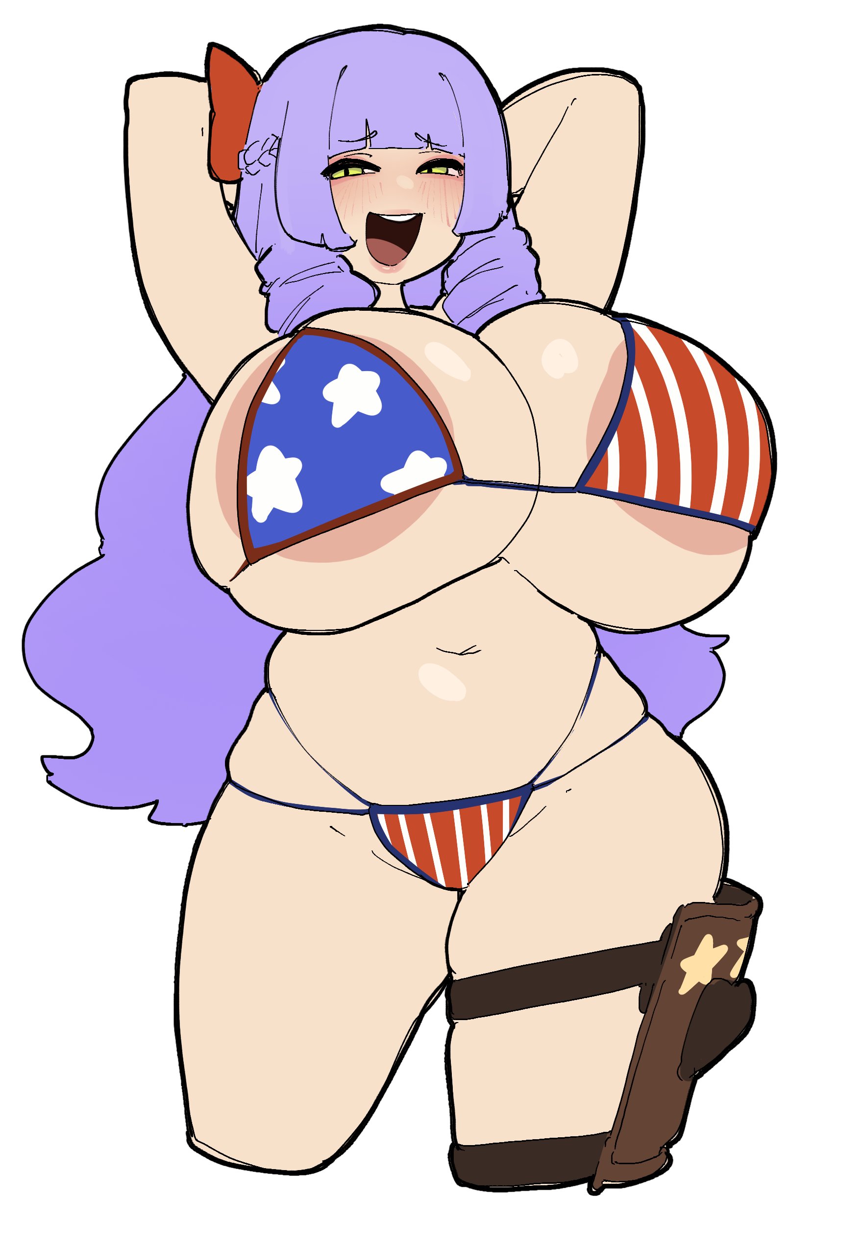 american flag bikini, arms behind head, blush, bow, chest, cowgirl, crr001, drill hair, fake breasts, green eyes, hime cut, huge breasts, kodou-sama (cownon), lavender hair, long hair, massive areolae, massive breasts, ojou-sama, purple hair, red bow, rr001c, smile, tagme, thick thighs, wide hips