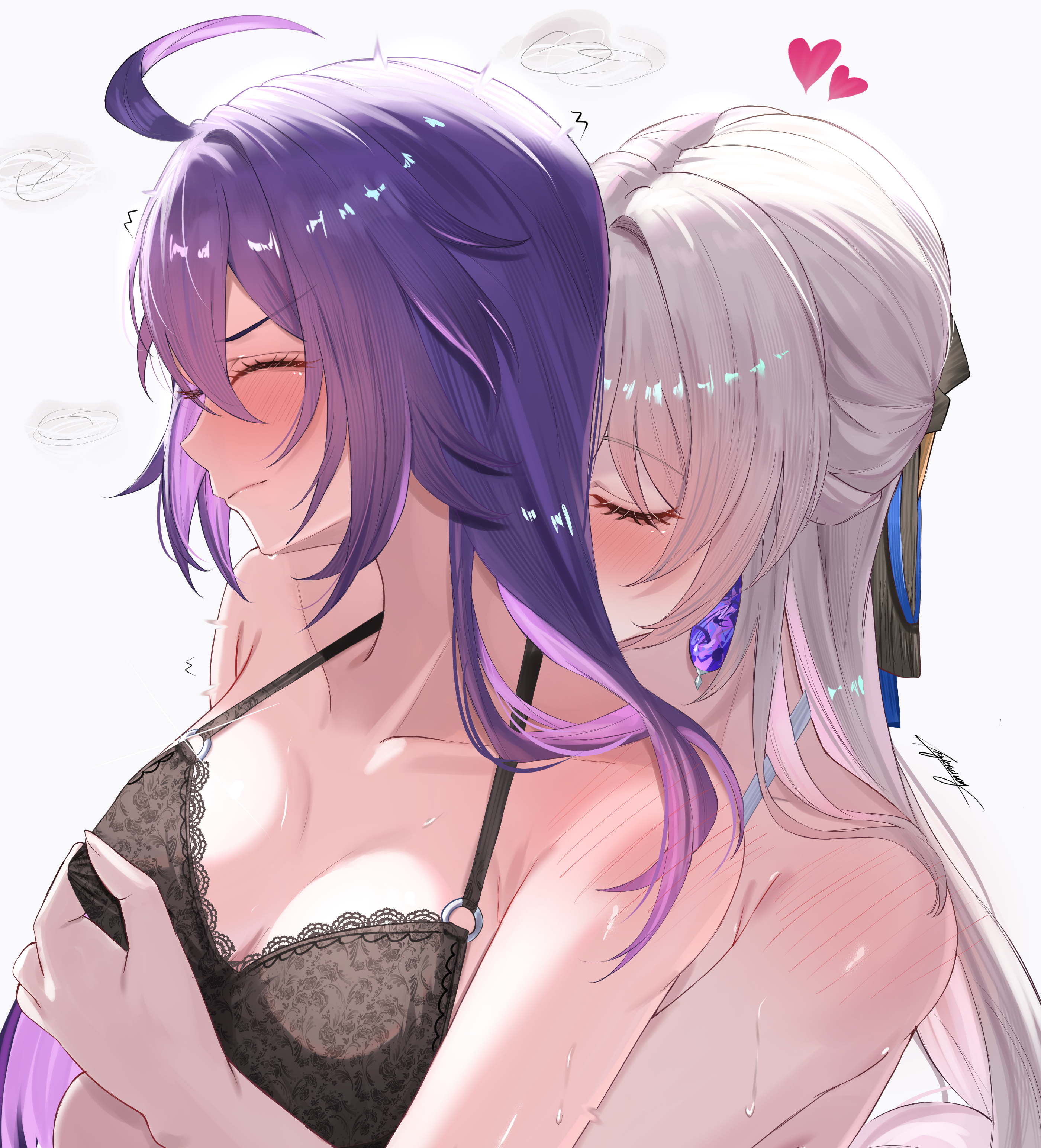 2girls, absurdres, ahoge, big breasts, black bra, blush, bra, breasts, bronya rand, closed eyes, commentary request, covered erect nipples, earrings, enjoying, erect nipples, eyes closed, female, female focus, female only, from behind, grabbing another's breast, grabbing from behind, grey hair, groping, heart, heart symbol, highres, holding partner, honkai (series), honkai: star rail, huge breasts, imminent sex, kissing, kissing neck, lace, lace trim, lace-trimmed bra, long hair, miya-chan (lightning0730), multiple girls, nipples, nipples visible through clothing, paid reward available, purple hair, seele (honkai: star rail), signature, simple background, teasing, teasing nipple, touching nipples, underwear, upper body, upper body only, white background, white hair, yuri
