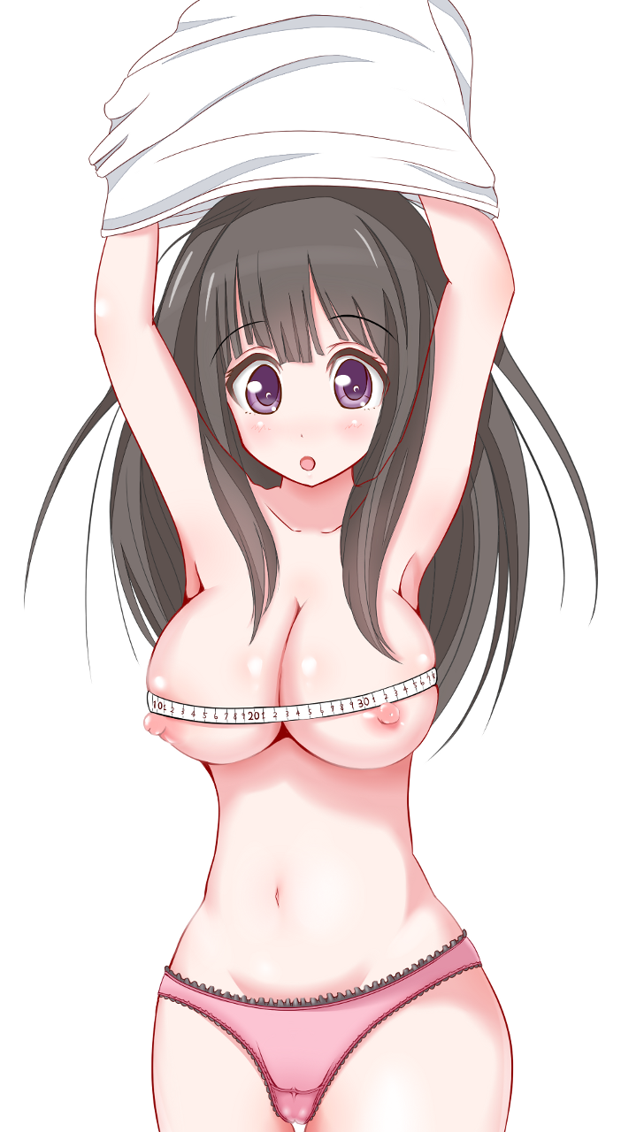 arykei black_hair cameltoe chitanda_eru clothing erect_nipples eyebrows_visible_through_hair female hyouka large_breasts long_hair measuring measuring_tape open_mouth panties pink_panties purple_eyes shirt_lift solo white_background