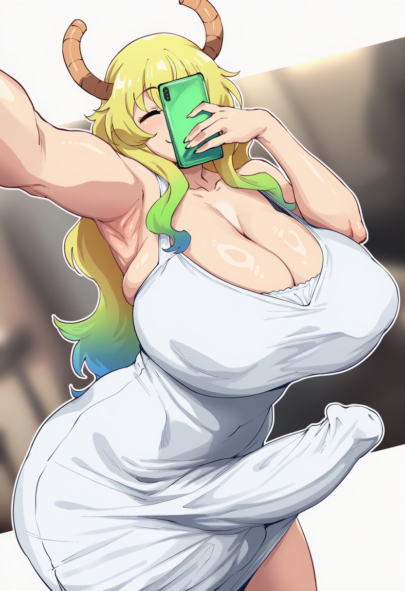 ai_generated balls big_balls big_breasts big_bulge big_penis blush bulge color dress futa_only futanari hi_res huge_cock kobayashi-san_chi_no_maidragon large_breasts light_skin looking_at_viewer lucoa lucoa_(maidragon) massive_penis selfie solo solo_futa standing thighs trend