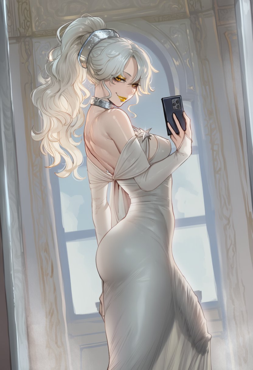 ai generated, balls, big balls, big breasts, big bulge, big penis, blush, bulge, color, dress, futa only, futanari, hi res, huge cock, imminent fellatio, imminent oral, large breasts, light skin, looking at viewer, massive penis, pent up, selfie, solo, solo futa, standing, thighs, throbbing penis, trend