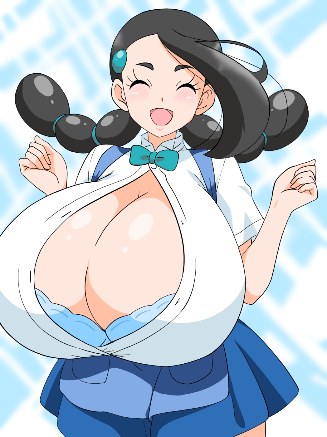 1girl black_hair blush bouncing_breasts bra breasts brown_eyes bursting_breasts candice_(pokemon) female female_only huge_breasts long_hair multi-tied_hair nintendo open_mouth pokemon pokemon_dppt wardrobe_malfunction zeronuruudon