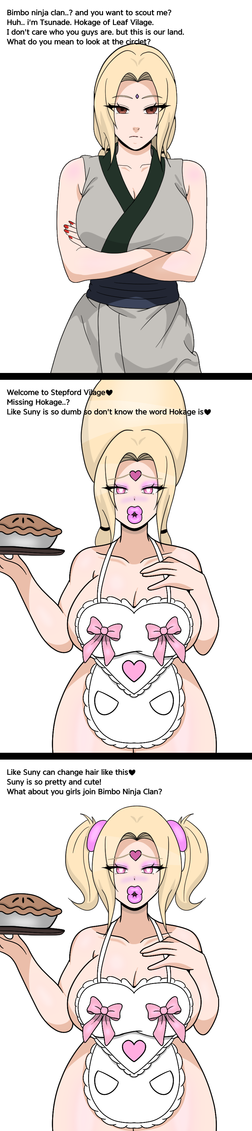 absurdres, apron, beehive hair, before and after, big breasts, bimbo, bimbo body, bimbo lips, bimbofication, blonde hair, breasts, brown eyes, cleavage, clothed, dialogue, english text, eye color change, femsub, food, heart, heart eyes, huge breasts, huge lips, instant loss, kei, large breasts, lip expansion, lipstick, makeup, milf, naked apron, naruto (series), nude, pink eyes, pink lipstick, simple background, stepfordization, symbol in eyes, text, thick thighs, tray, tsunade, twintails, white background