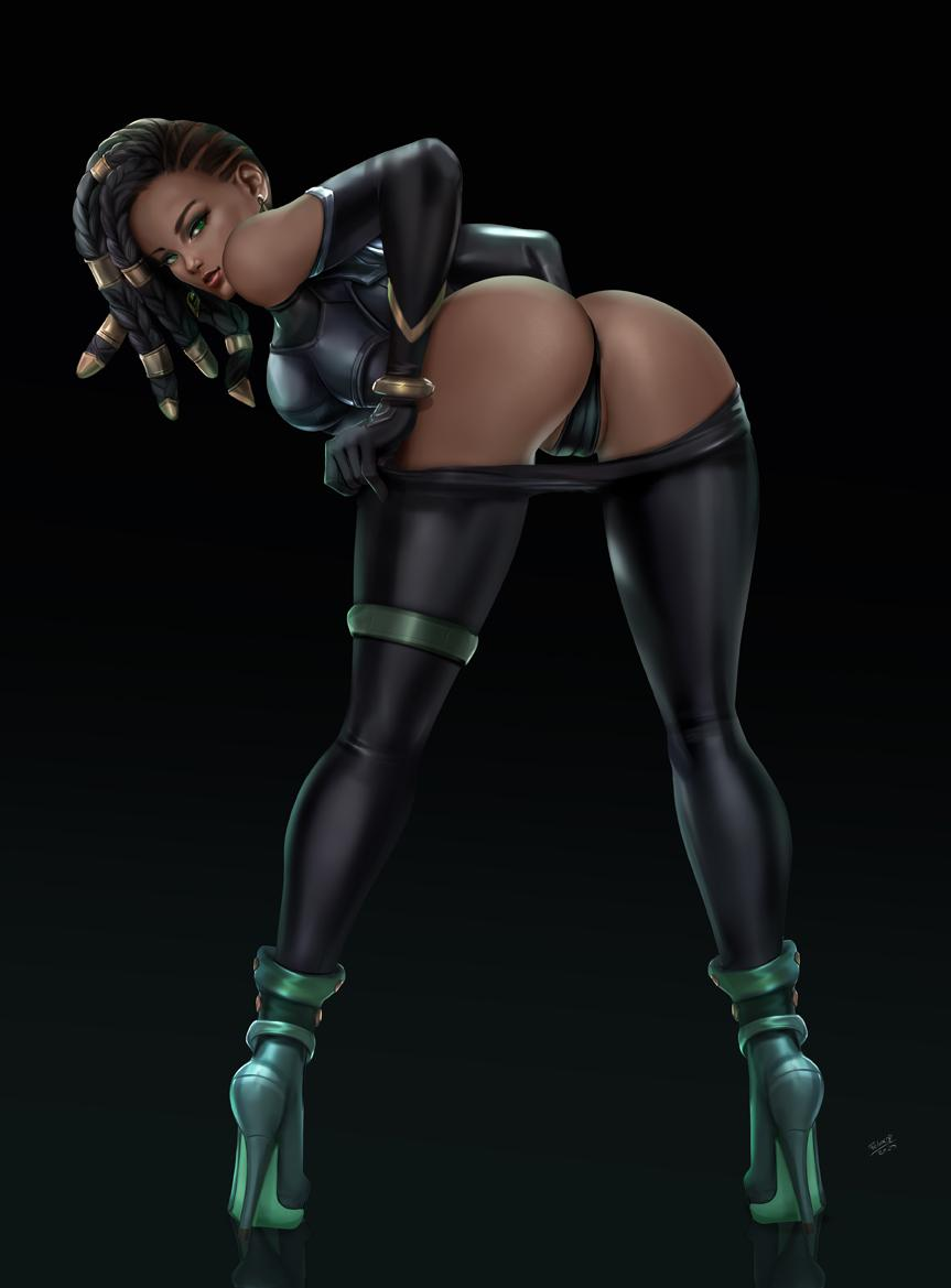 1girls, ass, bent over, black background, black hair, bracelet, dark hair, dark skin, dark-skinned female, dreadlocks, dress, ear piercing, felox08, female, female only, green eyes, hair ornament, high heels, latex, league of legends, legs apart, looking at viewer, pants down, plain background, realistic, rear view, senna (league of legends), solo, thong, undressing