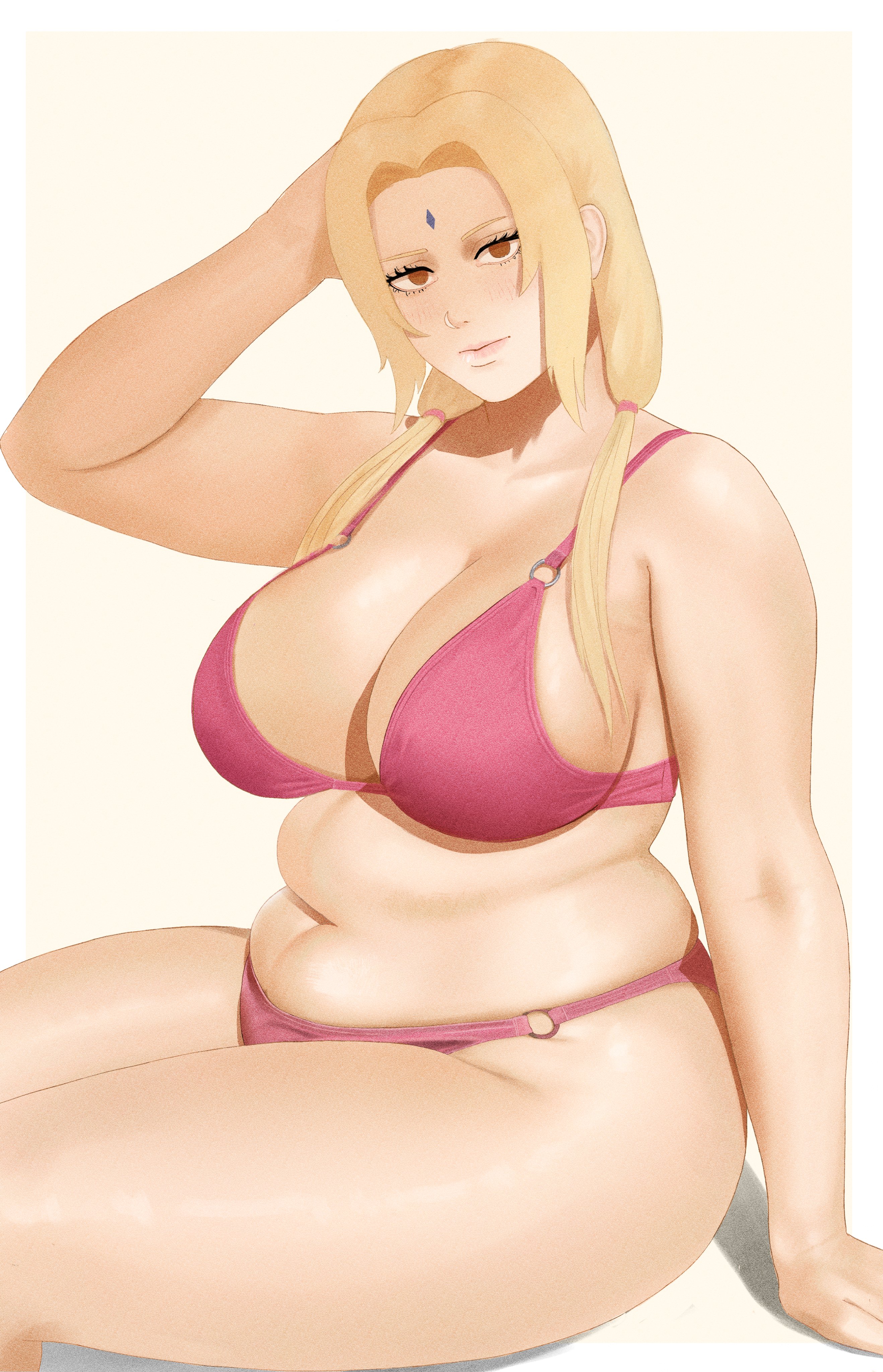 1girls, ahsern19552, alternate version available, arm behind head, bbw, big breasts, blonde hair, bottomwear, bra, breasts, brown eyes, chubby, chubby female, cleavage, female, female focus, female only, forehead jewel, hair, huge breasts, human, human female, humanoid, mature, mature female, mature woman, milf, naruto, naruto (series), panties, pink bra, pink panties, smile, solo, solo female, solo focus, thick thighs, thighs, topwear, tsunade, underwear